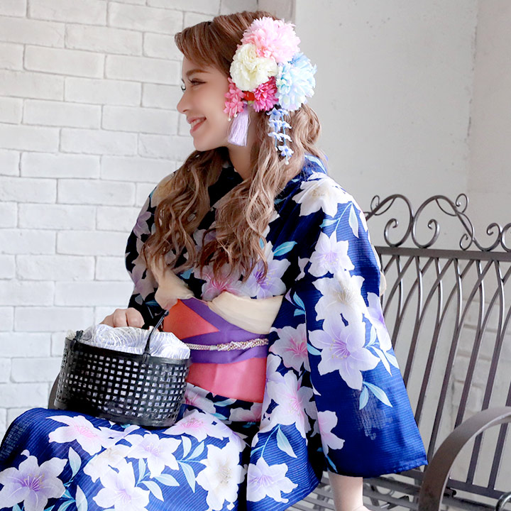 浴衣 紺縦縞x百合の花模様浴衣セット 19obi 8 19himo Pl Yobi 030 Be Hc02
