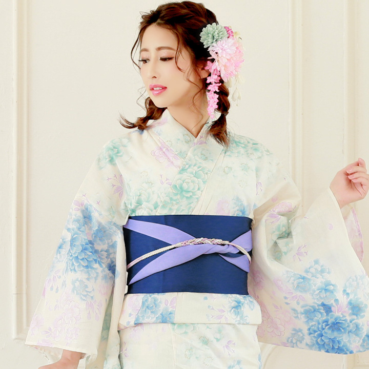 浴衣 クリーム白地 淡色花模様浴衣セット 19obi 17 19himo Pl Yobi 030 Wh Hc02