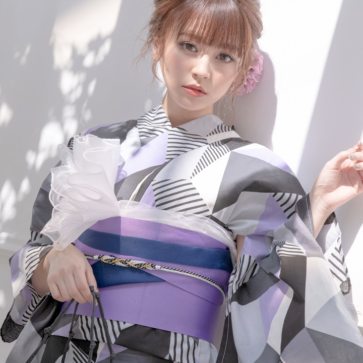 浴衣 黒 紫の幾何学柄浴衣セット 19obi 17 Yobi 030 Wh 19himo Bk Hc02