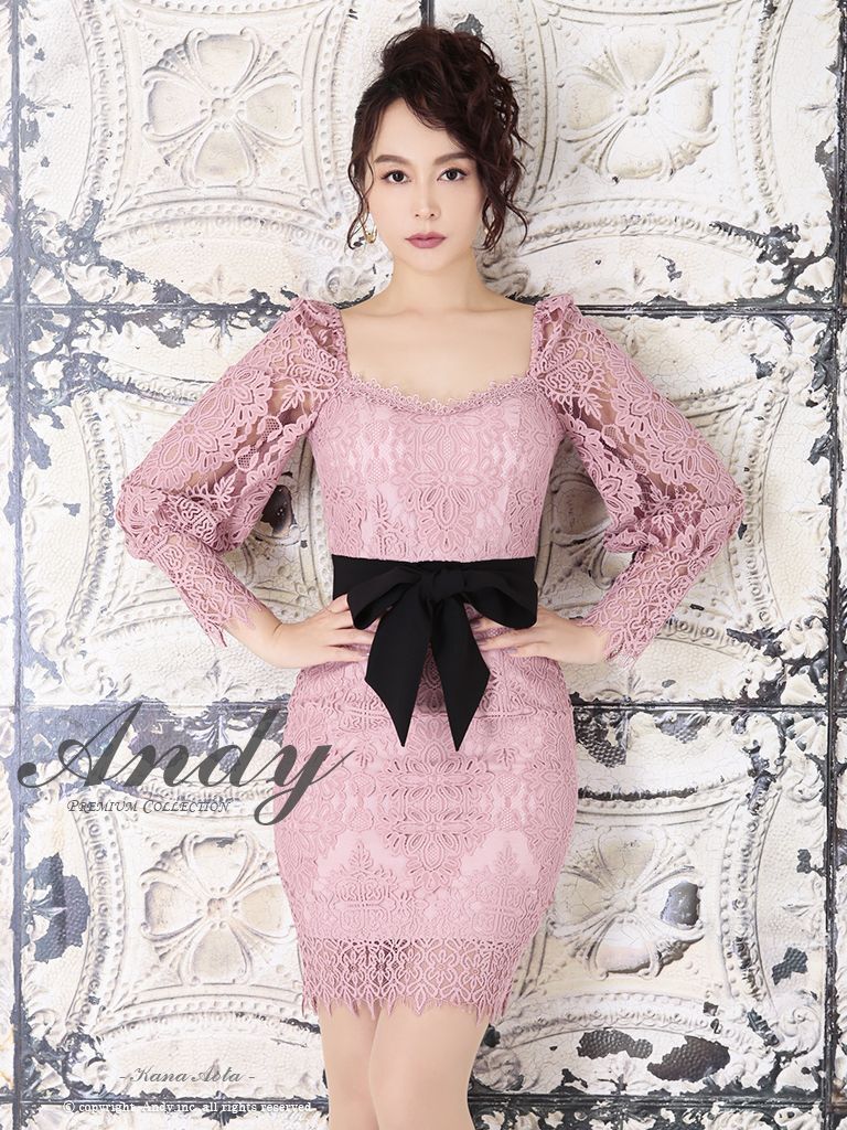 Andy アンディ 総レース パフスリーブ 長袖 リボンベルト タイト ミニドレス キャバドレス