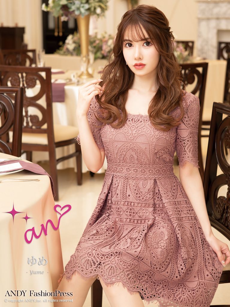 An Andy Fashion Press 07 ゆめ Collection 04 フラワーレース 袖あり ワンピース リボン フレア ミニドレス キャバドレス