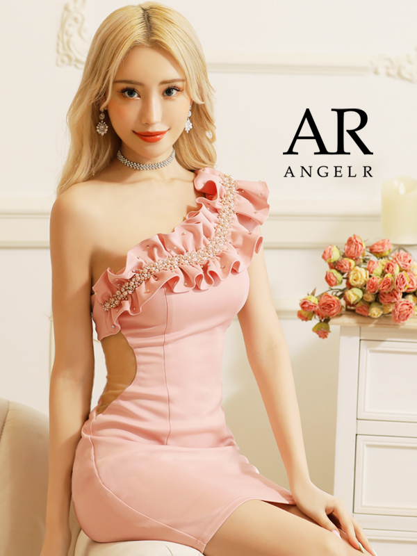 ROBEdeFLEURS23349 Angel R メッシュフリルパールビジューチェックワンショルドレス