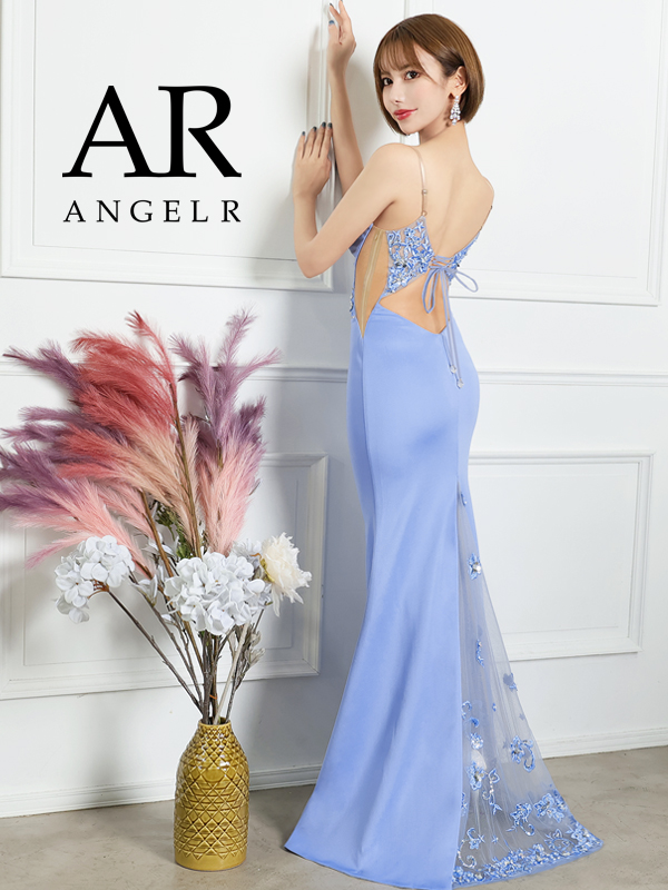 Angel R バックメッシュビジュータイトロングドレス（ブルー
