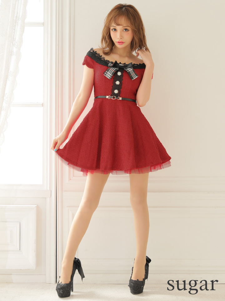Robe De Fleurs ローブドフルール ラメツイード オフショル フレア ミニドレス キャバドレス