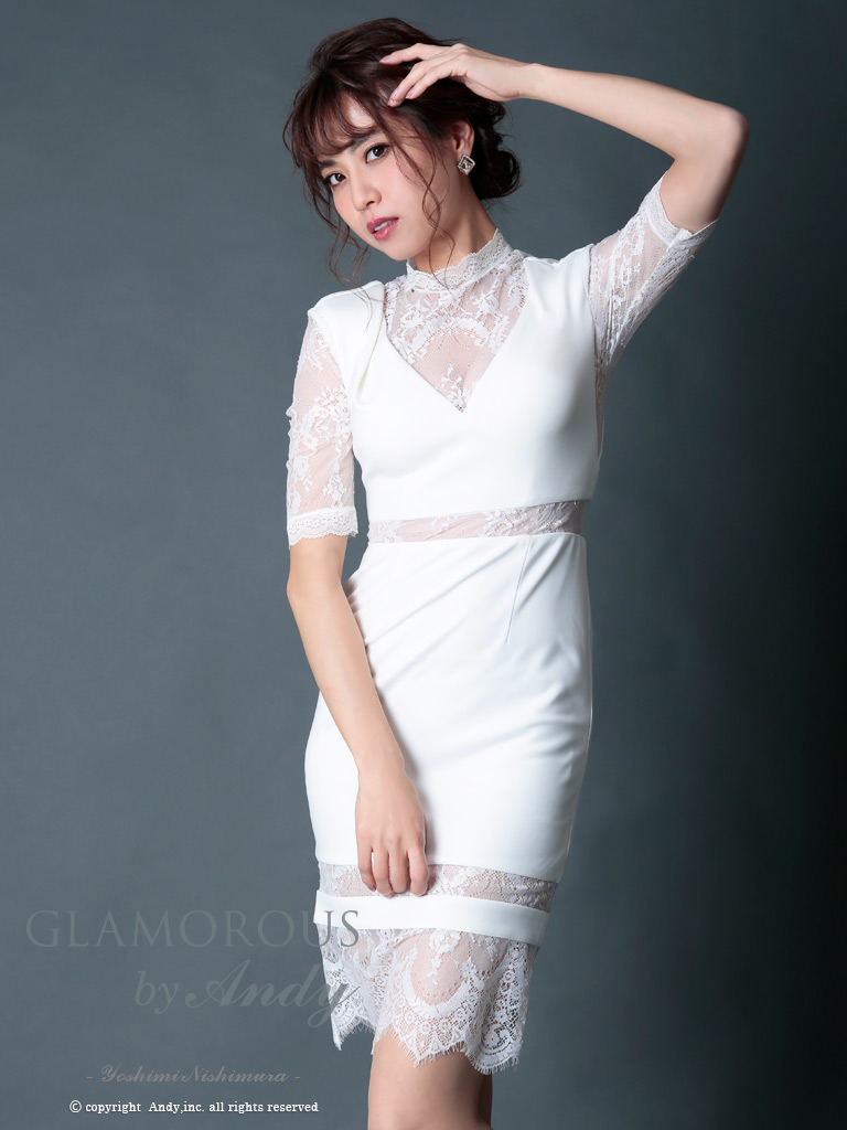 Andy Glamorous アンディグラマラス ワンカラー レース 五分袖 タイト ミニドレス キャバドレス