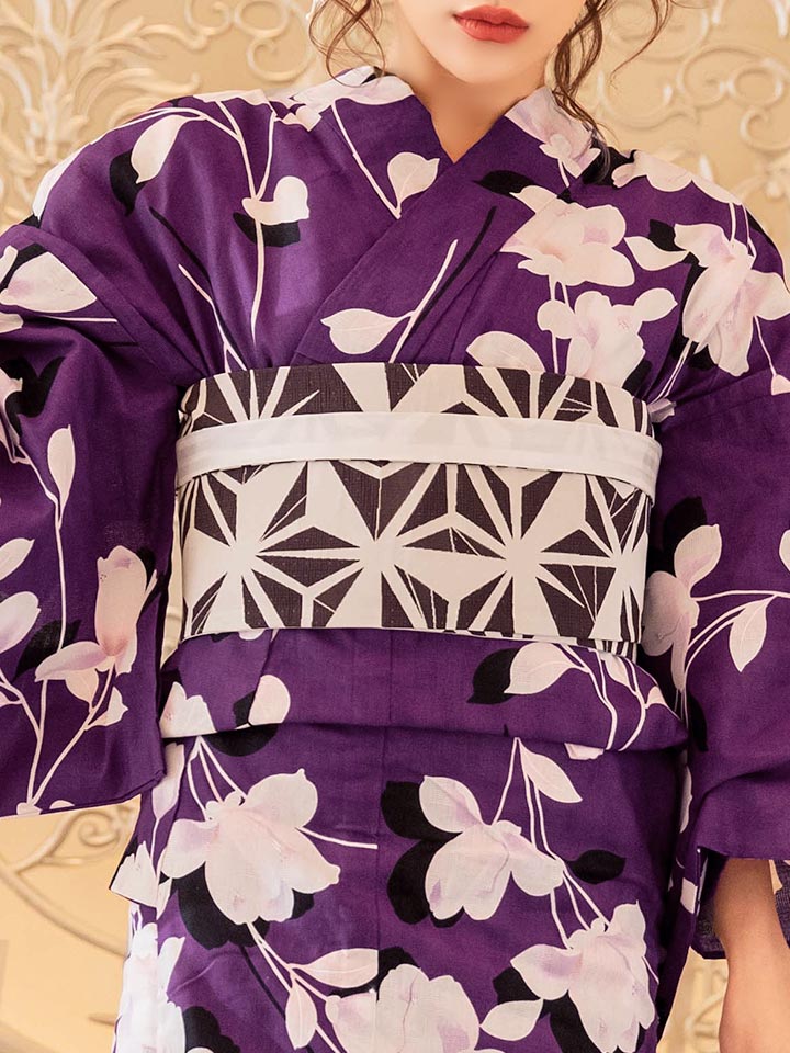 【高級浴衣】紫地x白色花柄模様浴衣セット