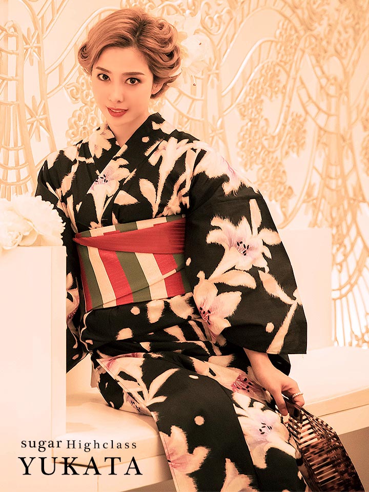 高級浴衣 黒地に華やかな百合の花模様浴衣セット