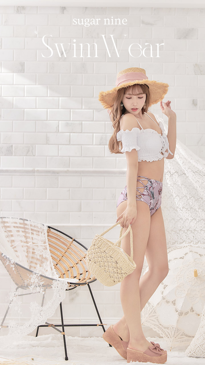 【ビキニ】【水着】オフショルダーシャーリング花柄ビキニ[OF03]