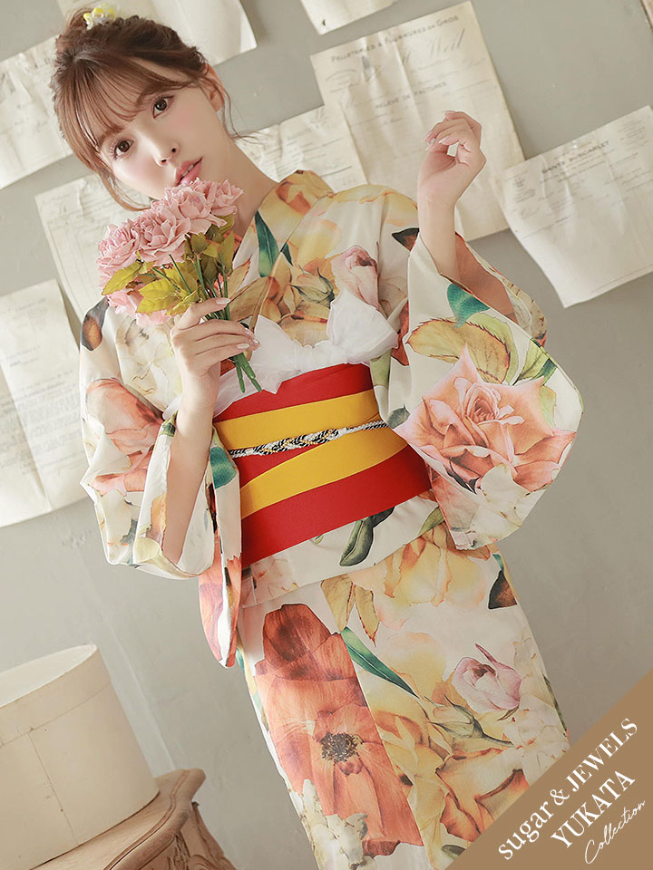 オリジナル浴衣 アンティークオレンジフラワー浴衣 19obi 1 Yobi 030 Wh 19himo Bk Hc02