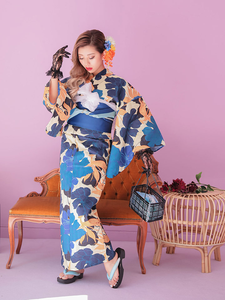 浴衣 レトロシリーズ レトロシリーズ ブルーの大輪の花浴衣 19obi 24 Yobi 030 Wh 19himo Bl Of03