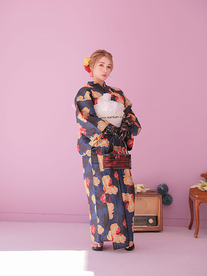 浴衣 レトロシリーズ 紺地に椿の花浴衣 19obi 3 Yobi 030 W 19himo Bk Hc02