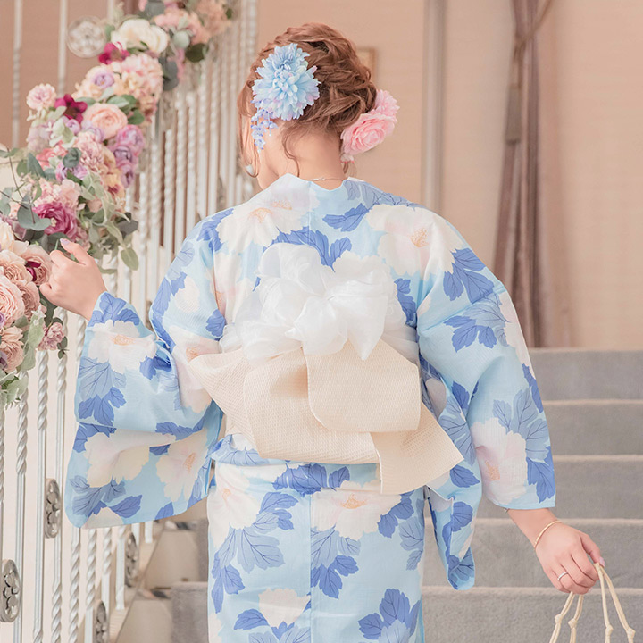 水色　花柄　浴衣