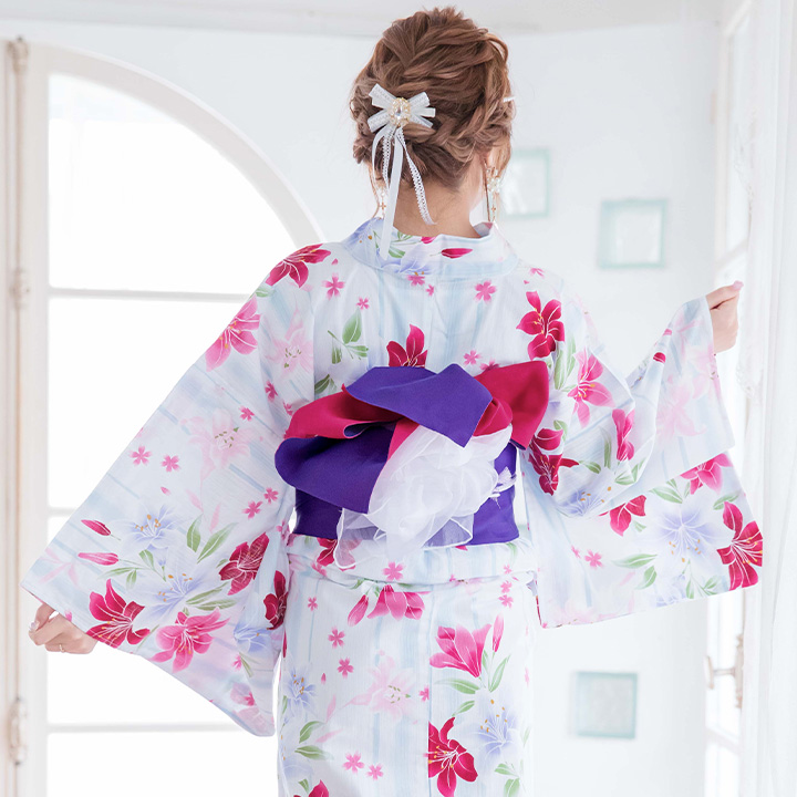 浴衣 水色縞模様x百合の花浴衣セット Yobi030 Wh Yhimo 19obi 7 Hc02
