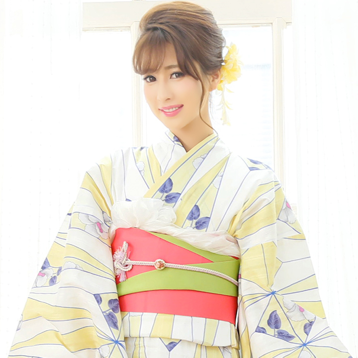 即日発送】【浴衣】白x黄色麻の葉模様浴衣セット（Yheko030WH 