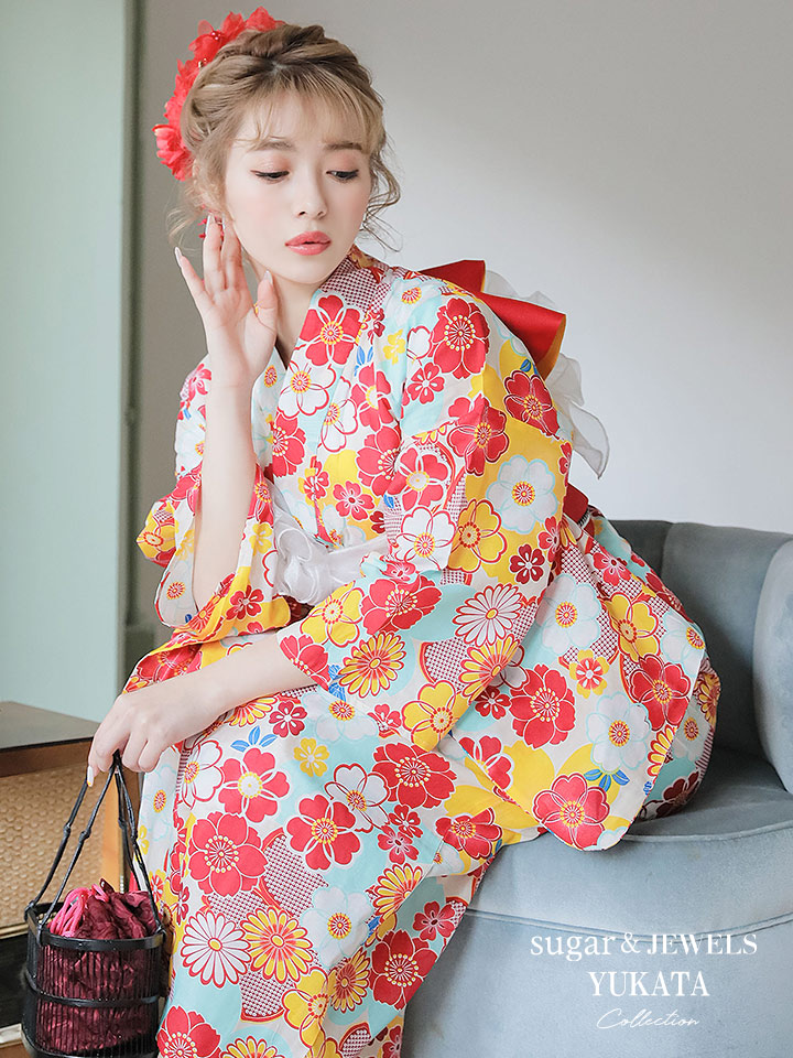 浴衣 カラフル花模様浴衣セット 19obi 1 19himo Bk Yobi 030 Wh Hc02