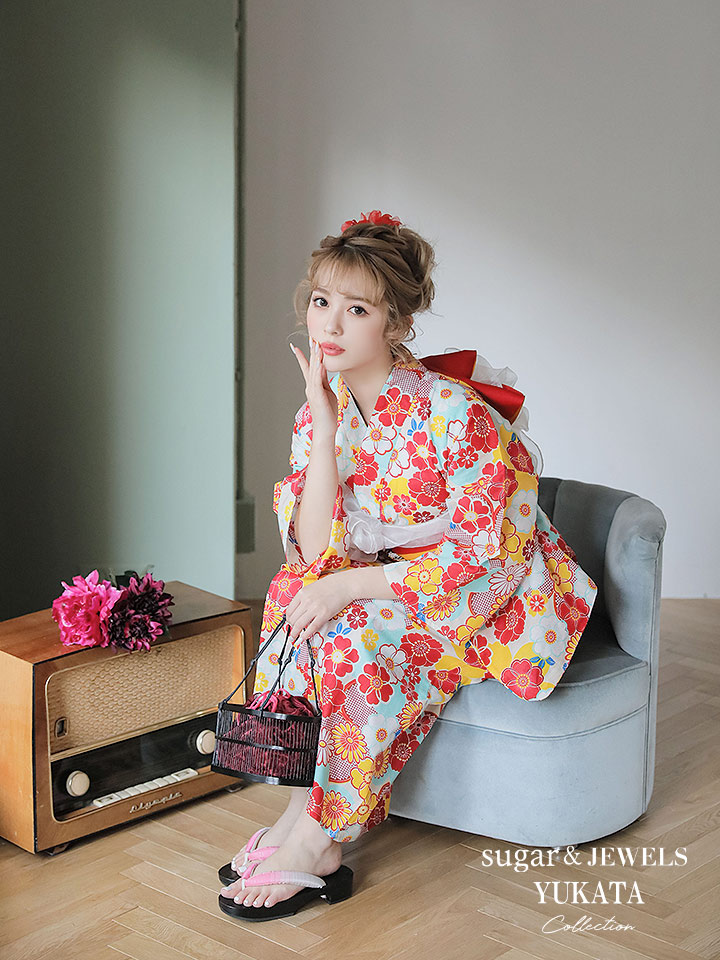浴衣 カラフル花模様浴衣セット 19obi 1 19himo Bk Yobi 030 Wh Hc02