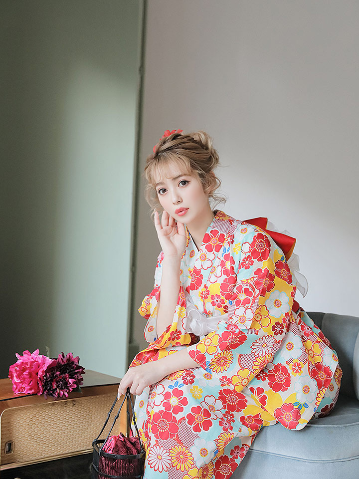 浴衣 カラフル花模様浴衣セット 19obi 1 19himo Bk Yobi 030 Wh Hc02