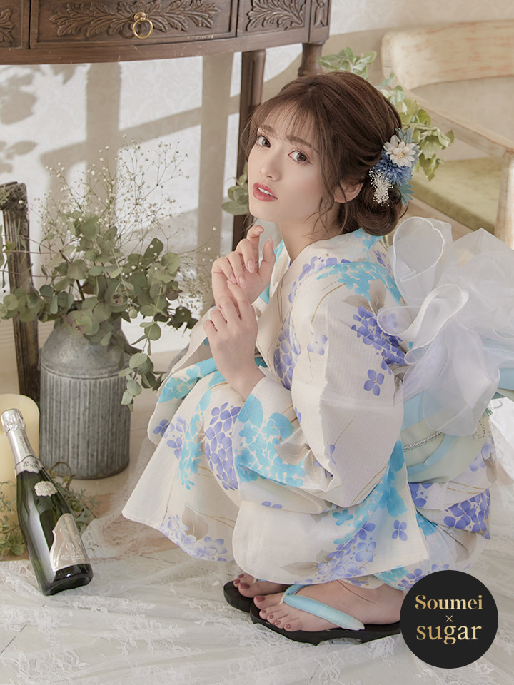 浴衣 紫陽花柄浴衣セット 19obi 22 19himo Bl Yobi 030 Wh Hc02