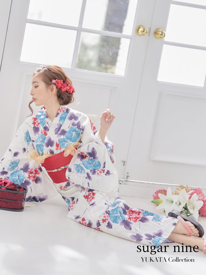 浴衣値下げ!】白地に朝顔x紫陽花浴衣（19obi-2/Yheko-030-BR /19himo 