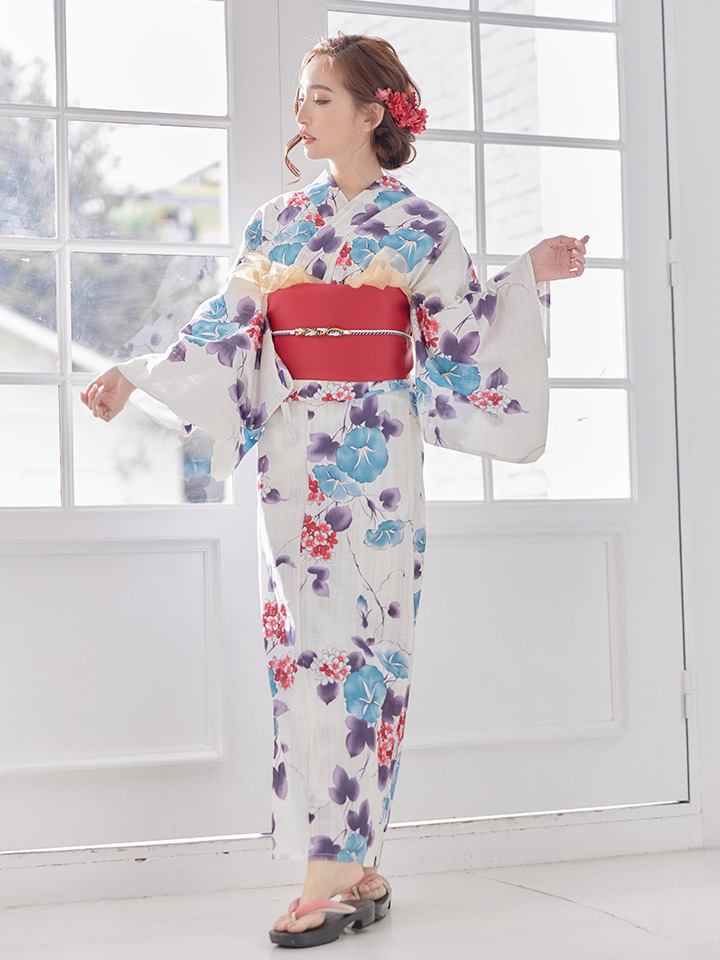浴衣値下げ!】白地に朝顔x紫陽花浴衣（19obi-2/Yheko-030-BR /19himo 