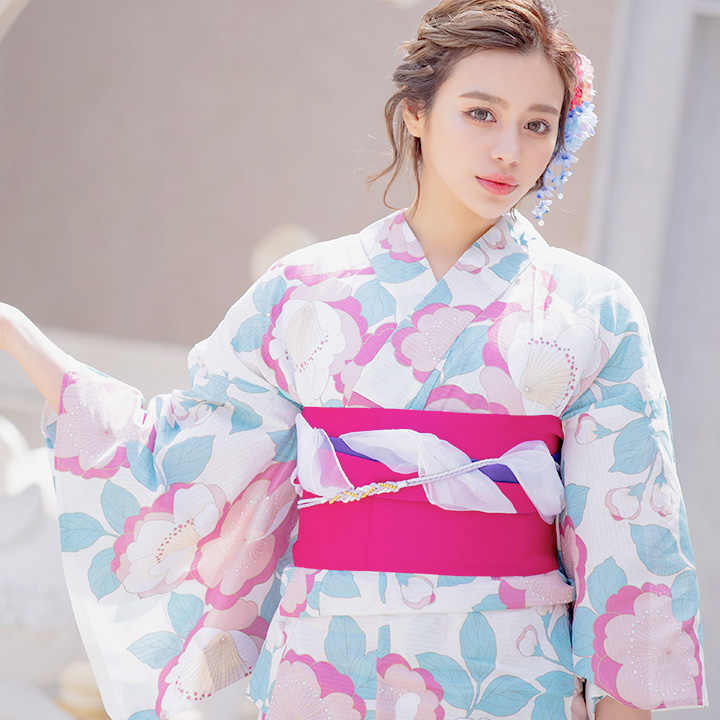 浴衣 白地にピンクの花模様浴衣セット 19obi 7 Yobi 030 Wh 19himo Pl Hc02 Y4032 ss