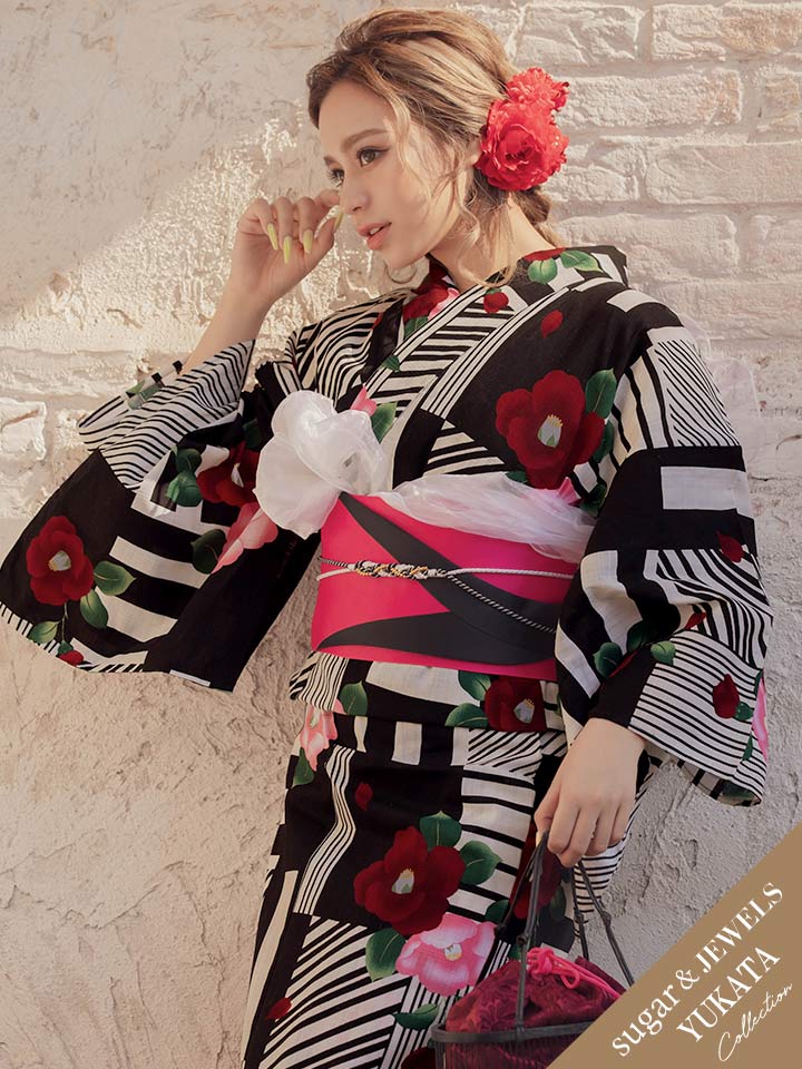 浴衣 黒地と白地 赤椿の古典レトロ浴衣セット 19obi 14 Yobi 030 Wh 19himo Bk Hc02