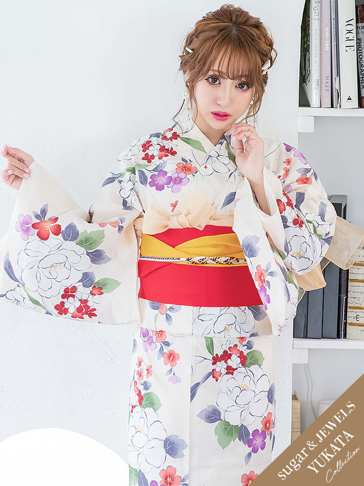 年浴 白地に華やかな花柄模様浴衣セット 19obi 1 Yobi 030 Be 19himo Bk Of03 年浴 白地に華やかな花柄模様浴衣セット 19obi 1 Yobi 030 Be 19himo Bk Of03