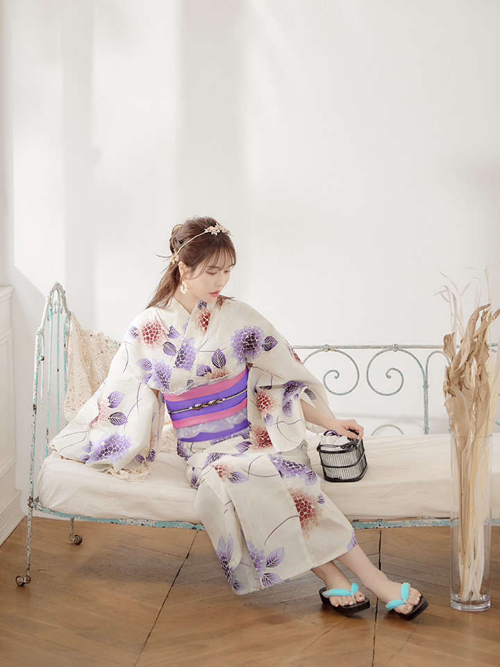 浴衣】白地x紫陽花の花柄模様浴衣セット(19obi-4/Yheko-030-WH/19himo 