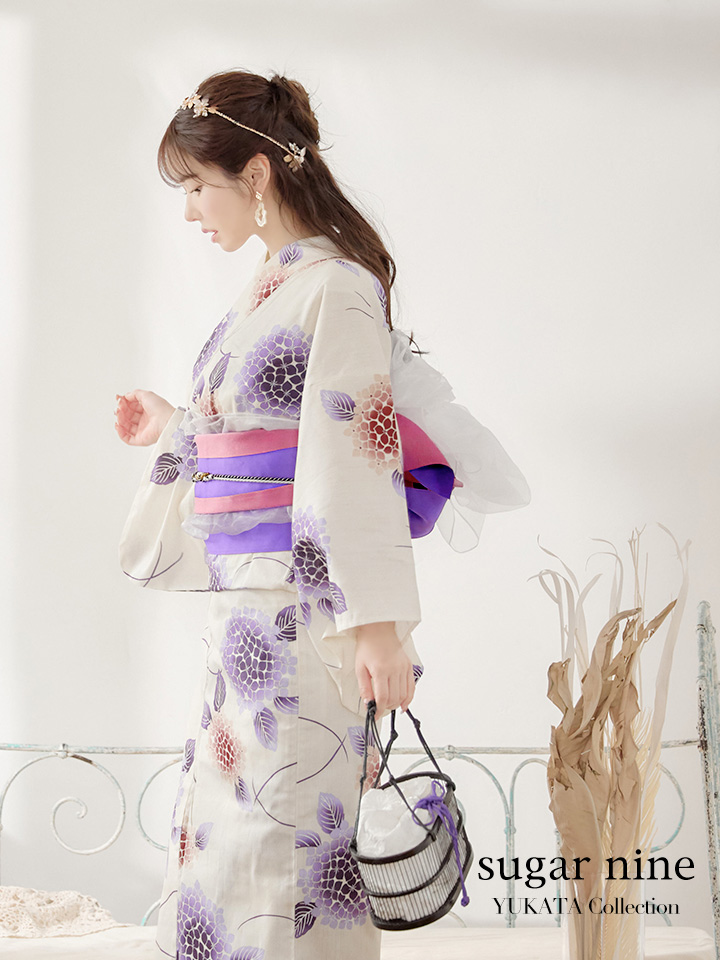 浴衣】白地x紫陽花の花柄模様浴衣セット(19obi-4/Yheko-030-WH/19himo 