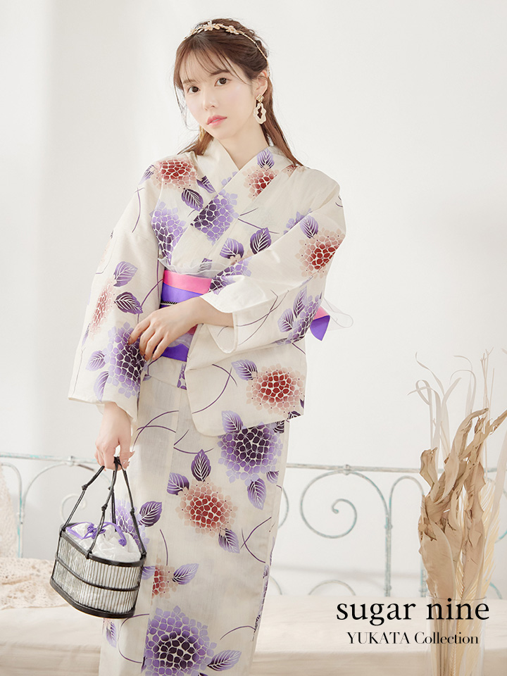 浴衣】白地x紫陽花の花柄模様浴衣セット(19obi-4/Yheko-030-WH/19himo 