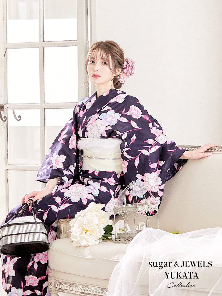 浴衣 紺地グラデーション花柄浴衣セット 19obi 3 Yobi 030 W 19himo Pl Cg 17 P Hc02