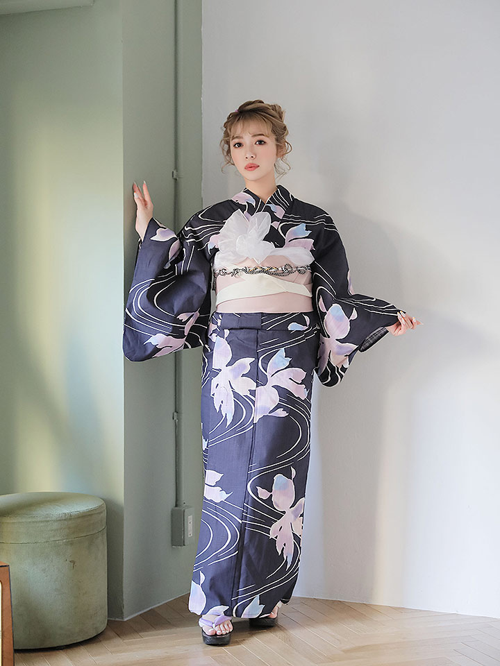 浴衣 流線金魚浴衣セット Obi 30 Yobi 030 W 19himo Bk Of03