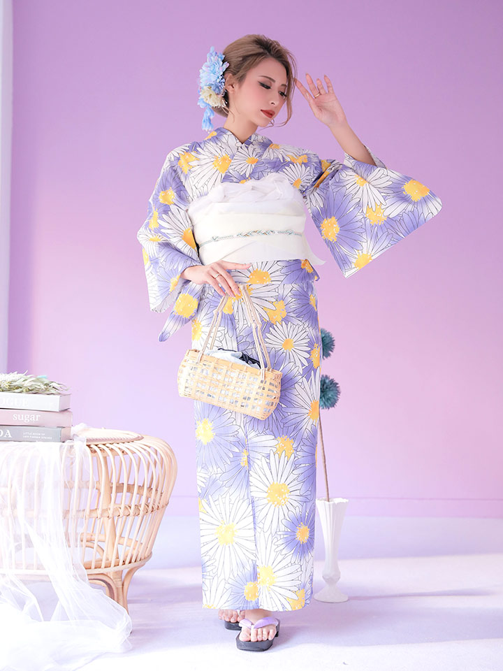 浴衣 古典花デザイン浴衣セット 19obi 3 Yobi 030 W 19himo Bl Of03