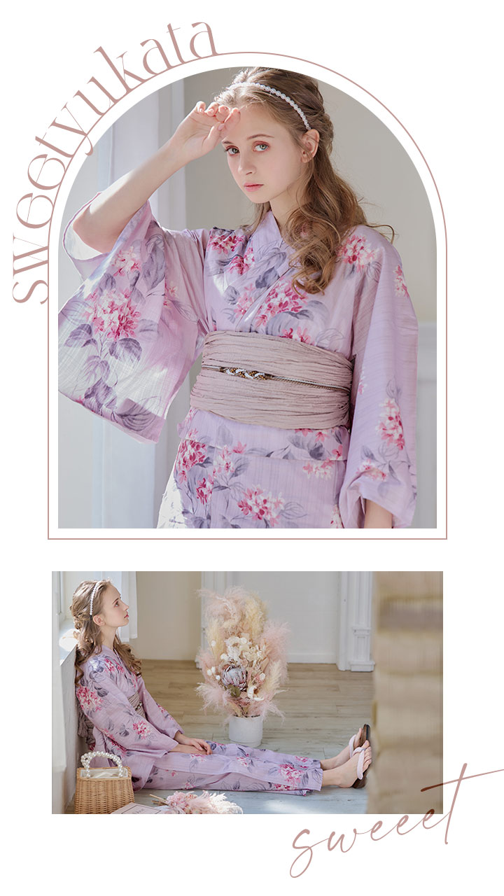 即日発送】ピンクストライプ地x紫陽花浴衣 siwa36 / 19himo-MOCA 