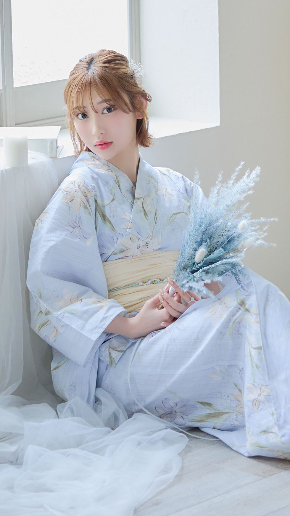 即日発送】ニュアンスブルー地×水仙花浴衣 siwa30 / 19himo-BL / Adri 