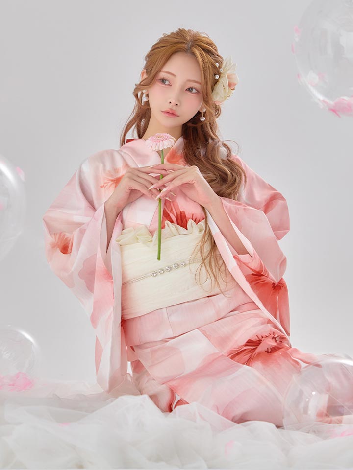 藍スウィート水彩ピンクコスモス浴衣