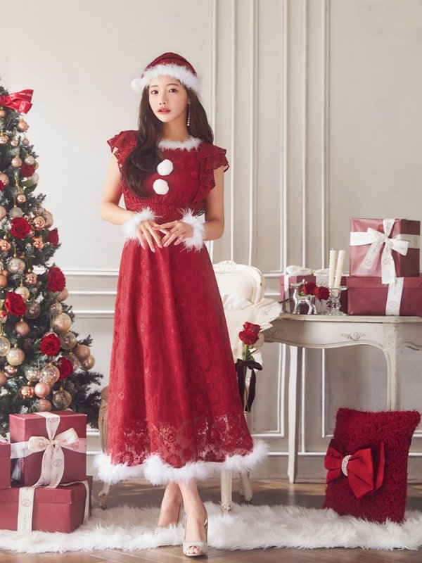 画像10: SALE!【サンタコス 4点セット】【S-Lサイズ/1カラー】フラワーレースワンピースサンタ[YMT] (10)