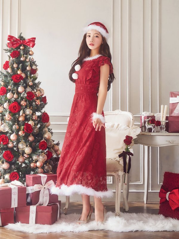 画像11: SALE!【サンタコス 4点セット】【S-Lサイズ/1カラー】フラワーレースワンピースサンタ[YMT] (11)