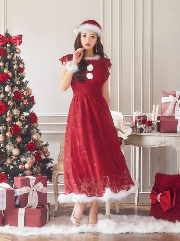 画像13: SALE!【サンタコス 4点セット】【S-Lサイズ/1カラー】フラワーレースワンピースサンタ[YMT] (13)