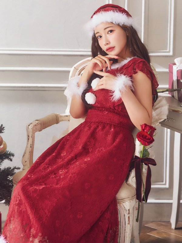 画像2: SALE!【サンタコス 4点セット】【S-Lサイズ/1カラー】フラワーレースワンピースサンタ[YMT] (2)