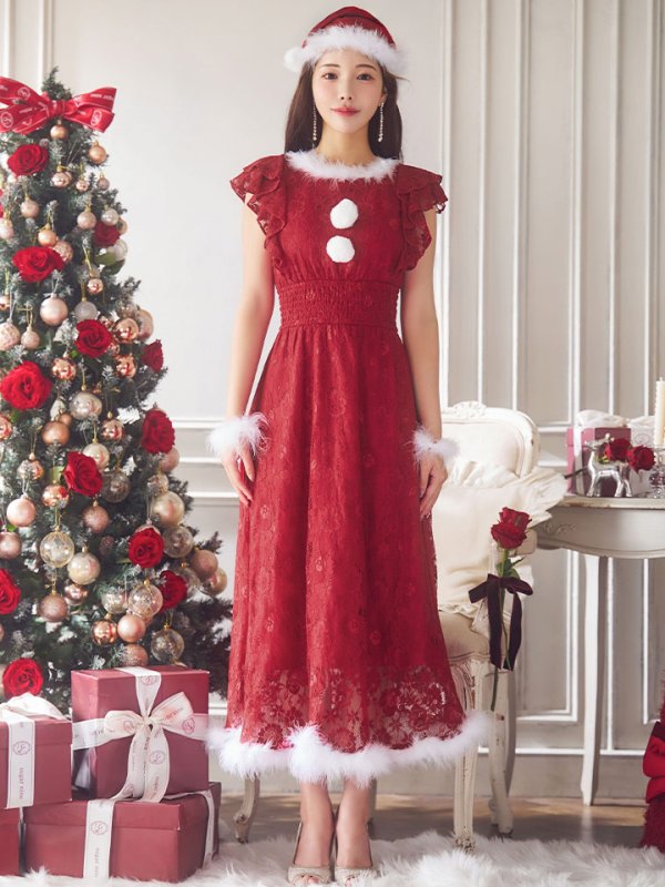 画像4: SALE!【サンタコス 4点セット】【S-Lサイズ/1カラー】フラワーレースワンピースサンタ[YMT] (4)