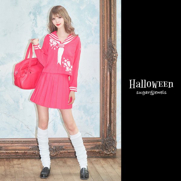 画像2: 【即日発送！】【ハロウィン】ピンクJKコスプレセット【ハロウィン3点セット】【S?Mサイズ/1カラー】(B023SB/0415socksSB)[HC03] (2)