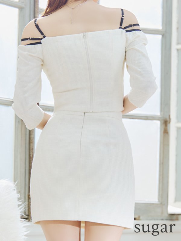 画像15: XSサイズあり【Glossy/グロッシー】フロントジップ/ 袖付き/ オフショル/ タイト/ セットアップ/ ワッフル/ ミニドレス/ キャバドレス[OF08] (15)