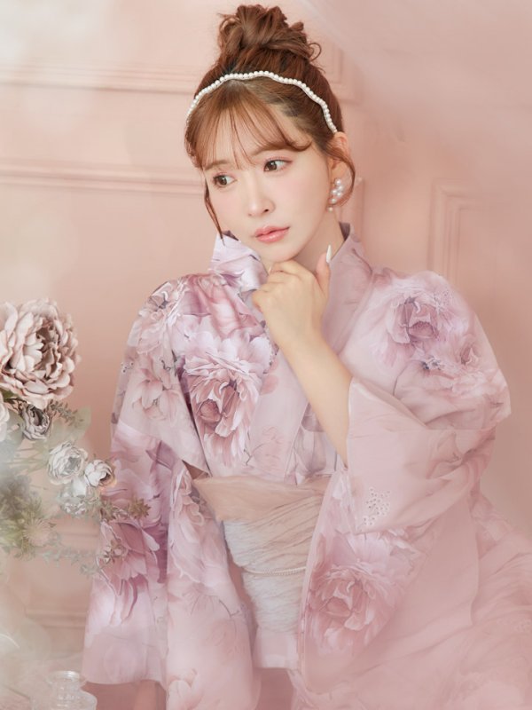 画像14: 【即日発送】くすみピンクアンティークフラワー浴衣【浴衣３点セット 浴衣/帯/下駄】[YMT] (14)