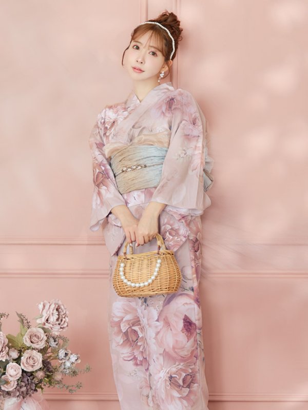画像8: 【即日発送】くすみピンクアンティークフラワー浴衣【浴衣３点セット 浴衣/帯/下駄】[YMT] (8)
