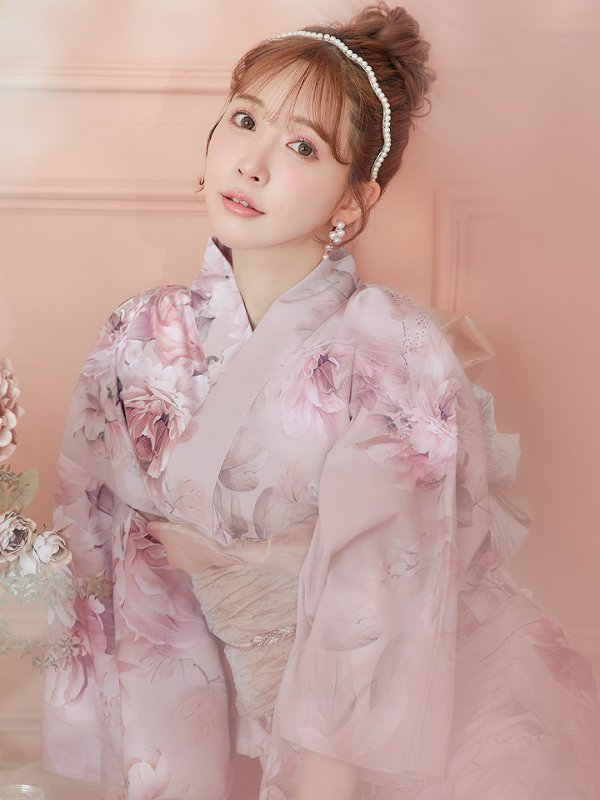 画像3: 【即日発送】くすみピンクアンティークフラワー浴衣【浴衣３点セット 浴衣/帯/下駄】[YMT] (3)