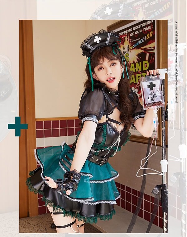 画像9: 【即日発送】ホーンテッドブラックレザーナース【マリームーン】【ハロウィンコスプレ6点セット】【フリーサイズ/2カラー】[OF04] (9)