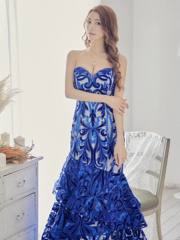 画像11: Lサイズあり【JEAN MACLEAN/ジャンマクレーン】ベロア/スパンコール刺繍/ ベア/ フリルデザイン/ ロング/ キャバドレス long[OF2A] (11)