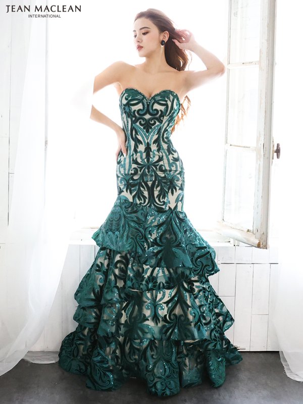 画像3: Lサイズあり【JEAN MACLEAN/ジャンマクレーン】ベロア/スパンコール刺繍/ ベア/ フリルデザイン/ ロング/ キャバドレス long[OF2A] (3)