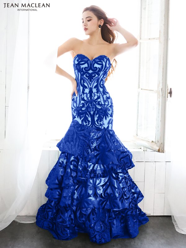 Lサイズあり【JEAN MACLEAN/ジャンマクレーン】ベロア/スパンコール刺繍/ ベア/ フリルデザイン/ ロング/ キャバドレス long ロイヤルブルー